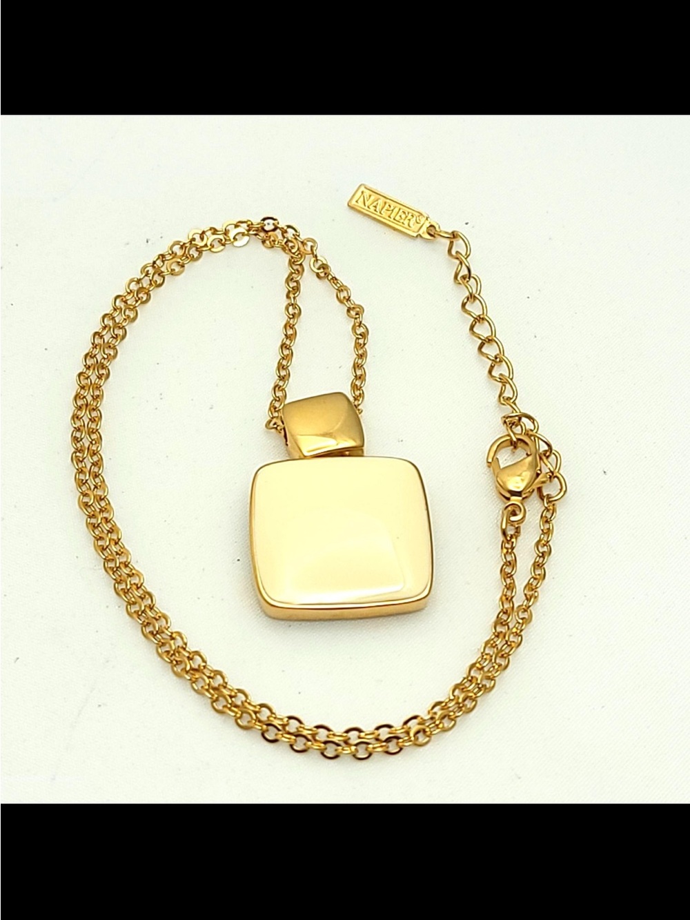 Vintage Napier ivory Enamel Square Pendant Necklace Gold Tone Signed